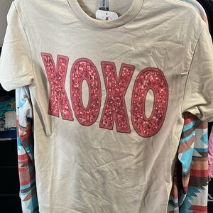 XOXO Kids Tee with Red Glitter Logo on Cream